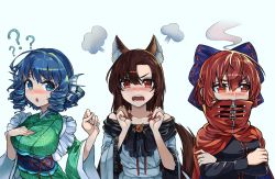 Rule 34 | 3girls, puff of air, ?, animal ear fluff, animal ears, bare shoulders, blue bow, blue eyes, blue hair, blush, bow, brooch, brown hair, clenched hand, commentary request, creeper (gametime), crossed arms, drill hair, fangs, fingernails, fins, grass root youkai network, hair bow, hand on own chest, head fins, high collar, highres, imaizumi kagerou, jewelry, light blue background, looking at viewer, looking away, multiple girls, nail polish, open mouth, parted bangs, red eyes, red hair, red nails, ribbon, ribbon-trimmed bow, sekibanki, sharp fingernails, simple background, slit pupils, steaming body, sweatdrop, tail, tears, touhou, twin drills, wakasagihime, wide sleeves, wolf ears, wolf tail, zipper