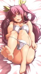 Rule 34 | 10s, 1girl, barefoot, blush, breasts, cleavage, convenient leg, dressing, feet, female focus, hair ribbon, highres, knees to chest, large breasts, long hair, looking at viewer, lying, nanaku teiru, navel, on back, open mouth, panties, pulling own clothes, rakudai kishi no cavalry, red eyes, red hair, ribbon, solo, stella vermillion, twintails, two side up, underwear