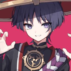 Rule 34 | 1boy, armor, claw pose, commentary request, genshin impact, hat, highres, japanese armor, japanese clothes, jingasa, kote, kurokote, looking at viewer, male focus, mochizuki mochi, pink background, purple eyes, purple hair, scaramouche (genshin impact), simple background, smile, solo, upper body