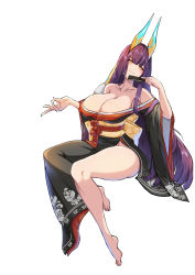 Rule 34 | 1girl, absurdres, bad id, bad pixiv id, bare shoulders, barefoot, blush, breasts, cleavage, collarbone, echidna (last origin), engineer kim, full body, highres, japanese clothes, kimono, large breasts, last origin, long hair, looking at viewer, purple hair, side slit, simple background, smile, solo, thighs, very long hair, white background, yellow eyes