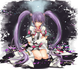 Rule 34 | 1girl, bad id, bad pixiv id, black background, cropped jacket, detached sleeves, hair over one eye, jacket, jusc0, kneeling, official alternate costume, purple hair, seiza, short shorts, shorts, sitting, solo, sophie (tales), tales of (series), tales of graces, twintails, wariza