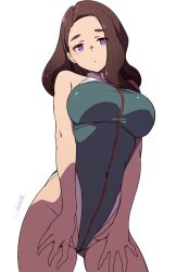 Rule 34 | 1girl, batta 16-sei, blush, breasts, brown hair, character request, competition swimsuit, covered navel, cowboy shot, forehead, gluteal fold, groin, highleg, highleg swimsuit, highres, large breasts, long hair, looking at viewer, one-piece swimsuit, original, parted bangs, purple eyes, signature, simple background, skin tight, solo, standing, swimsuit, thighs, white background