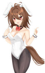 Rule 34 | 1girl, absurdres, agnes tachyon (umamusume), ahoge, animal ears, bare legs, bow, bowtie, breasts, brown hair, cowboy shot, empty eyes, glaze artifacts, highres, horse ears, horse girl, horse tail, kudo (user dzch8572), leaning forward, leotard, medium breasts, messy hair, nontraditional playboy bunny, pantyhose, red bow, red bowtie, red eyes, short hair, simple background, smile, solo, tail, test tube, umamusume, white background, white leotard