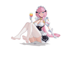 Rule 34 | 1girl, absurdres, aqua eyes, blue eyes, blush, breasts, cleavage, cocktail, cup, drinking glass, elysia (honkai impact), elysia (miss pink elf) (honkai impact), feet, garter straps, glass, highres, honkai (series), honkai impact 3rd, large breasts, licking lips, long hair, looking at viewer, maid headdress, pink hair, pointy ears, see-through, see-through legwear, simple background, soles, solo, thighhighs, toes, tongue, tongue out, white background, white thighhighs, wine glass