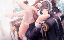 Rule 34 | 1girl, aqua eyes, azur lane, black hair, blush, breasts, cheshire (azur lane), dress, earrings, frills, garter straps, hairband, jewelry, lace, lace-trimmed legwear, lace trim, large breasts, legs up, looking at viewer, maid headdress, multicolored hair, ribbon, rimuu, skindentation, smile, solo, streaked hair, thighhighs, thighs, white thighhighs, wrist cuffs