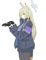 Rule 34 | 1girl, absurdres, animal ears, black gloves, blonde hair, blue archive, blue eyes, blue halo, blue jacket, blue necktie, blue shirt, dress shirt, gloves, gun, hair over one eye, halo, handgun, highres, jacket, kanna (blue archive), long hair, long sleeves, necktie, notched ear, open clothes, open jacket, pantyhose, shirt, simple background, skirt, solo, soutou nagi, weapon, white background