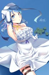 Rule 34 | 10s, 1girl, alternate costume, arm behind head, bare shoulders, blue background, blue eyes, blue hair, breasts, double bun, dress, elbow gloves, female focus, gloves, hair bun, hand on own head, hat, kantai collection, large breasts, long hair, looking to the side, lzd, matching hair/eyes, sailor hat, scarf, simple background, skirt, solo, urakaze (kancolle), white dress, white gloves, white hat, white skirt, white theme