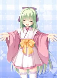 Rule 34 | 1girl, blue background, blunt bangs, blush, bow, chaamii, cherry blossom print, closed eyes, commentary request, dot nose, flat chest, floral print, frilled thighhighs, frills, green hair, hair bow, hair over shoulder, highres, hime cut, japanese clothes, kimono, long hair, long sleeves, looking at viewer, murasame (senren), open hands, open mouth, orange bow, orange sash, outstretched arms, pink kimono, plaid, plaid background, purple bow, senren banka, short kimono, sidelocks, signature, smile, solo, standing, straight hair, thighhighs, very long hair, white kimono, white thighhighs, yuzu-soft