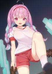 Rule 34 | 1girl, absurdres, ahoge, bandaid, bandaid on knee, bandaid on leg, blue hair, braid, breasts, commentary request, gym shorts, gym uniform, hairband, highres, holding, holding pickaxe, hololive, koubou (cowbow kun), large breasts, long hair, looking at viewer, minato aqua, minecraft, multicolored hair, open mouth, pickaxe, pink hair, purple eyes, red hairband, red shorts, shirt, short shorts, short sleeves, shorts, smile, socks, solo, standing, twin braids, twintails, two-tone hair, virtual youtuber, white shirt, white socks