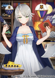 Rule 34 | 1girl, bad id, bad pixiv id, book, bookshelf, bow, breasts, carchet, cleavage, cloud, collarbone, commentary request, copyright name, dress, green eyes, grey hair, hanging light, indoors, lamp, long hair, looking at viewer, medium breasts, model airplane, moon, multicolored clothes, multicolored dress, original, propeller, sid story, sky, solo, standing, table, toy boat, toy car, window, yellow bow