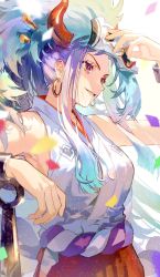 Rule 34 | 1girl, arm rest, arm up, bare shoulders, baseball bat, blue hair, commentary, cowboy shot, cuffs, earrings, gomosawa, gradient hair, grin, hakama, highres, hoop earrings, horns, japanese clothes, jewelry, kimono, light blue hair, light particles, long hair, mask, mask on head, multicolored hair, one piece, ponytail, purple hair, red eyes, red hakama, shackles, sidelocks, sleeveless, sleeveless kimono, smile, solo, standing, v-shaped eyebrows, white kimono, yamato (one piece)