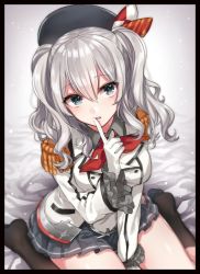 Rule 34 | 1girl, =, ascot, bad id, bad pixiv id, bed, beret, black legwear, breasts, epaulettes, finger to mouth, frilled sleeves, frills, gloves, hair between eyes, hat, highres, kantai collection, kashima (kancolle), large breasts, long hair, military, military uniform, miniskirt, on bed, pleated skirt, shirako miso, sidelocks, silver hair, sitting, skirt, smile, solo, tsurime, twintails, uniform, v arms, wariza, wavy hair, white gloves