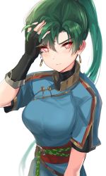Rule 34 | 1girl, breasts, closed mouth, dress, earrings, fingerless gloves, fire emblem, fire emblem: the blazing blade, gloves, glowing, glowing eyes, green hair, hand in own hair, highres, jewelry, large breasts, long hair, looking at viewer, lyn (fire emblem), nintendo, ormille, ponytail, red eyes, rope belt, sash, shirt under dress, short sleeves, simple background, solo, super smash bros., turtleneck, very long hair, white background