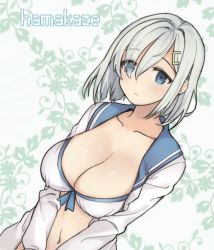 Rule 34 | 10s, 1girl, blue eyes, blush, breasts, character name, cleavage, collarbone, dutch angle, hair ornament, hairclip, hamakaze (kancolle), jorin, kantai collection, large breasts, medium breasts, navel, short hair, silver hair, solo