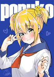 Rule 34 | 1girl, :3, absurdres, blonde hair, blue background, blue sailor collar, blush, character name, closed mouth, dated, fingernails, geshumaro, hair ornament, hair scrunchie, heart, highres, long sleeves, looking at viewer, necktie, poptepipic, popuko, red necktie, sailor collar, school uniform, scrunchie, serafuku, shirt, short hair, short necktie, signature, simple background, smile, solo, twintails, upper body, v, v over eye, white shirt, yellow eyes