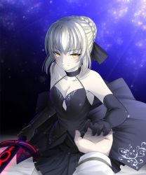 Rule 34 | artoria pendragon (fate), black gloves, blonde hair, braid, breasts, cleavage, dark persona, dress, excalibur morgan (fate), fate/stay night, fate (series), french braid, gloves, gothic lolita, hair ribbon, holding hands, highres, koro (tyunnkoro0902), lolita fashion, looking at viewer, ribbon, saber (fate), saber alter, star (symbol), starry background, sword, weapon, yellow eyes