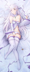 Rule 34 | 10s, 1girl, bed sheet, between legs, breasts, choker, cleavage, closed eyes, convenient censoring, covering crotch, covering privates, dakimakura (medium), detached sleeves, emilia (re:zero), flower, from above, full body, groin, hair flower, hair ornament, hand between legs, hd-hlh-3h, highres, long hair, looking at viewer, lying, midriff, miniskirt, on back, pleated skirt, pointy ears, purple eyes, re:zero kara hajimeru isekai seikatsu, shirt, silver hair, skirt, solo, stomach, thighhighs, torn clothes, torn shirt, torn skirt, very long hair, white flower, white shirt, white skirt, white thighhighs
