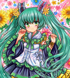 Rule 34 | 1girl, black skirt, black sleeves, blue flower, breasts, closed mouth, cowboy shot, detached sleeves, embellished costume, floral background, flower, frilled shirt, frilled sleeves, frills, green eyes, green hair, green nails, green ribbon, hair flower, hair ornament, hands up, hatsune miku, long hair, long sleeves, looking at viewer, marker (medium), neck ribbon, petals, pink background, pink flower, ribbon, rui (sugar3), sample watermark, shirt, skirt, sleeveless, sleeveless shirt, small breasts, smile, solo, standing, traditional media, twintails, very long hair, vocaloid, watermark, white shirt, wide sleeves, yellow flower