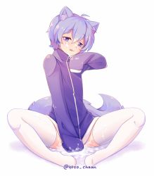 Rule 34 | 1boy, :p, ahoge, animal ear fluff, animal ears, bottomless, cat ears, cat tail, cookie run, covering crotch, covering privates, full body, hair between eyes, half-closed eyes, heart, heart in eye, light purple hair, long sleeves, looking at viewer, male focus, peppermint cookie, personification, purple eyes, simple background, sleeves past wrists, solo, suggestive fluid, symbol in eye, tail, tareme, thighhighs, tongue, tongue out, twitter username, white background, white thighhighs, yoyochaan