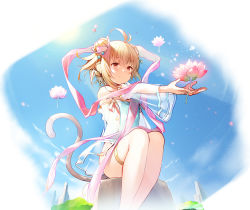 Rule 34 | 1girl, andira (granblue fantasy), animal ears, antenna hair, bare shoulders, blonde hair, breasts, detached sleeves, double bun, erune, granblue fantasy, hair bun, highres, monkey ears, monkey tail, nekomu, red eyes, see-through, see-through sleeves, short hair, sitting, small breasts, smile, solo, tail, thighlet