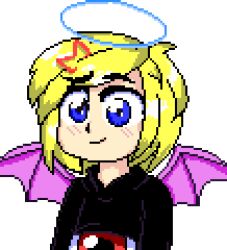 Rule 34 | 1girl, bad id, bad twitter id, bat wings, black sweater, blonde hair, blue eyes, dungeon toaster, evil eye sigma, eyeball, hair ornament, hairclip, halo, head, humanization, inactive account, pc-98 (style), pc98, pixel art, red eyes, simple background, solo, sweater, touhou, touhou (pc-98), wings, zun (style)