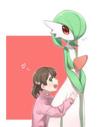 Rule 34 | 2girls, blue eyes, blush, brown hair, child, closed mouth, colored skin, creatures (company), eye contact, female focus, flat chest, game freak, gardevoir, gen 3 pokemon, green hair, green skin, hair between eyes, hair bobbles, hair ornament, hair over one eye, hand up, happy, heart, highres, light blush, long sleeves, looking at another, looking down, looking up, multicolored skin, multiple girls, nintendo, notice lines, open mouth, own hands together, pink sweater, poke ball theme, pokemon, pokemon (creature), red background, short hair, short twintails, sideways mouth, simple background, smile, spoken heart, standing, sweater, teeth, twintails, two-tone background, two-tone skin, uhuhu, white skin