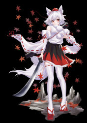Rule 34 | 1girl, absurdres, animal ear fluff, animal ears, bare shoulders, black background, black skirt, closed mouth, detached sleeves, full body, geta, hayaten, highres, holding, holding sword, holding weapon, inubashiri momiji, leaf, looking at viewer, maple leaf, pom pom (clothes), red eyes, sheath, shirt, simple background, skirt, solo, standing, sword, thighhighs, touhou, weapon, white hair, white shirt, white sleeves, white thighhighs, wolf ears, wolf girl