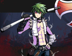 Rule 34 | 1boy, axe, bare pectorals, belt, bio lab, black gloves, blood, blue pants, buckle, choker, closed mouth, commentary request, cowboy shot, expressionless, eyes visible through hair, fingerless gloves, gauntlets, gloves, green hair, hair between eyes, hand on own hip, high collar, holding, holding axe, howard alt-eisen, jewelry, letterboxed, looking at viewer, male focus, necklace, pants, pectorals, point-zer0, pouch, ragnarok online, red eyes, shirt, short hair, sleeveless, solo, standing, suspenders, tachi-e, torn clothes, torn sleeves, white shirt, whitesmith (ragnarok online)