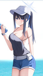 Rule 34 | 1girl, absurdres, bare arms, bare shoulders, baseball cap, belt, black hair, blue archive, blue eyes, blue hair, breasts, camisole, cleavage, commentary request, cowboy shot, denim, denim shorts, hat, highres, long hair, medium breasts, pouch, saori (blue archive), short shorts, shorts, simple background, solo, spaghetti strap, standing, strap slip, thighs, watch, white background, white belt, white hat, wristwatch, yeni1871