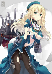 Rule 34 | 10s, 1girl, amagai tarou, atago (kancolle), bent over, between legs, black gloves, black pantyhose, blonde hair, blue hat, blush, breast hold, breasts, character name, covering privates, frown, gloves, green eyes, hand between legs, hat, highres, kantai collection, large breasts, leaning forward, long hair, looking at viewer, military, military uniform, navel, pantyhose, personification, solo, sweatdrop, torn clothes, torn pantyhose, underboob, uniform