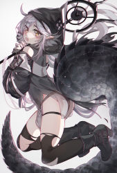 Rule 34 | 1girl, ahoge, arknights, ass, bare shoulders, black footwear, black thighhighs, boots, brown eyes, chinese commentary, crocodilian tail, grey background, high heel boots, high heels, highres, hood, large tail, long hair, long sleeves, looking at viewer, open mouth, pointy ears, silver hair, simple background, solo, staff, tail, tears, thigh strap, thighhighs, thighs, tomimi (arknights), wusebuhui