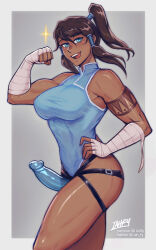 Rule 34 | 1girl, aqua eyes, artist name, avatar legends, bare shoulders, blue leotard, breasts, brown hair, clenched hand, commentary, dark-skinned female, dark skin, dildo, english commentary, grey background, hair tubes, hand on own hip, hand wraps, highres, iahfy, korra, large breasts, leotard, licking lips, long hair, looking at viewer, muscular, muscular female, naughty face, open mouth, owler, ponytail, sex toy, simple background, smile, solo, sparkle, strap-on, tattoo, the legend of korra, thighs, tongue, tongue out, wrist wrap