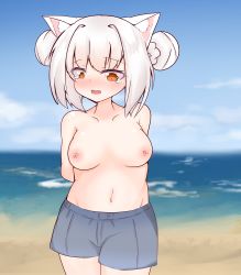 Rule 34 | 1girl, absurdres, animal ears, arms behind back, artist request, azur lane, beach, blue male swimwear, blue swim trunks, blush, breasts, cat ears, cowboy shot, day, female focus, highres, looking down, male swimwear, male swimwear challenge, medium breasts, medium hair, navel, nipples, ocean, open mouth, orange eyes, outdoors, solo, source request, standing, swim trunks, swimsuit, tears, thighs, topless, water, white hair, yukikaze (azur lane)
