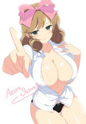 Rule 34 | 1girl, absurdres, azuresakura, black panties, bow, bow panties, breast focus, breasts, brown hair, commentary request, curly hair, gluteal fold, green eyes, hair bow, haruka (senran kagura), highres, large bow, large breasts, medium hair, open clothes, open shirt, panties, pink bow, pointing, senran kagura, shiny skin, shirt, solo, thigh gap, underwear, white background, white shirt