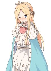 Rule 34 | 1girl, ;), abigail williams (fate), absurdres, anastasia (fate), anastasia (fate) (cosplay), blonde hair, blue cloak, blue eyes, blush, brown hairband, brown ribbon, cloak, closed mouth, collarbone, cosplay, dress, fate/grand order, fate (series), forehead, hair ribbon, hairband, highres, long hair, looking at viewer, mitiru ccc2, nose blush, hugging object, one eye closed, parted bangs, ribbon, royal robe, simple background, smile, solo, stuffed animal, stuffed toy, teddy bear, very long hair, white background, white dress