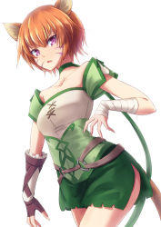 Rule 34 | 1girl, animal ears, asymmetrical gloves, bandaged arm, bandages, belt, brown gloves, brown hair, cat ears, cat girl, cat tail, choker, collarbone, cowboy shot, facial mark, fingerless gloves, fire emblem, fire emblem: path of radiance, gloves, green choker, green shorts, highres, lethe (fire emblem), looking at viewer, minamonochaba, nintendo, o-ring, o-ring belt, open mouth, purple eyes, short hair, short shorts, short sleeves, shorts, side slit, simple background, solo, standing, tail, white background