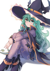 Rule 34 | 1girl, ass, berserker0113, black skirt, blush, bodysuit, boots, cape, curly hair, date a live, frown, full body, gem, green eyes, green gemstone, green hair, hair between eyes, hat, hat ribbon, high heel boots, high heels, highres, hugging own legs, knees up, legs, crossed legs, long hair, looking at viewer, natsumi (date a live), ribbon, sitting, skirt, solo, star (symbol), star print, thighs, very long hair, witch, witch hat