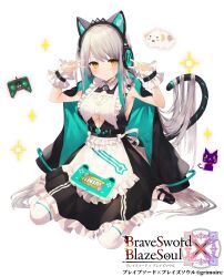 Rule 34 | 1girl, animal ear headphones, animal ears, apron, black dress, black footwear, brave sword x blaze soul, cat ear headphones, clothing cutout, copyright name, dress, fake animal ears, fake tail, frilled apron, frills, green hair, grey hair, handheld game console, headphones, highres, jacket, long hair, looking at viewer, maid apron, matagot nora (brave sword x blaze soul), multicolored hair, official art, open clothes, open jacket, simple background, sirentab, solo, tail, thighhighs, underboob cutout, very long hair, white background, white thighhighs, yellow eyes