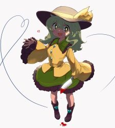 Rule 34 | 1girl, black footwear, black hat, blood, boots, buttons, collared shirt, diamond button, frilled shirt collar, frilled skirt, frilled sleeves, frills, full body, green eyes, green hair, green skirt, hair between eyes, hat, hat ribbon, heart, heart of string, highres, holding, holding knife, knife, komeiji koishi, medium hair, open mouth, ribbon, shirt, simple background, skirt, sleeves past fingers, sleeves past wrists, smile, solo, touhou, uisu (noguchipint), white background, wide sleeves, yellow ribbon, yellow shirt