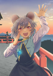 Rule 34 | 1girl, :d, animal ears, arm up, capelet, glowing, grey hair, highres, jewelry, looking at viewer, mountainous horizon, mouse ears, mouse tail, nayozane (worker7), nazrin, open mouth, outdoors, pendant, railing, red eyes, short hair, smile, solo, sunset, tail, touhou, waving
