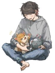 Rule 34 | 1boy, animal, animal on lap, barefoot, blue pants, blush, brown hair, cat, closed eyes, commentary request, denim, fang, full body, gradient hair, grey hoodie, holding, holding animal, hood, hood down, hoodie, indian style, jeans, jiz (pffbq), kiyo (youtuber), long sleeves, male focus, multicolored hair, on lap, open mouth, pants, real life, short hair, simple background, sitting, solo, white background