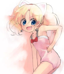 Rule 34 | 1girl, :d, animal ears, armpits, ass, bell, blonde hair, blue eyes, blush, bow, casual one-piece swimsuit, cat ears, cowboy shot, earrings, fang, flat chest, from side, hairband, hand on own hip, happy, highres, jewelpet (series), jewelpet twinkle, jewelry, jingle bell, leaning forward, long hair, looking at viewer, looking back, miria marigold mackenzie, nyama, one-piece swimsuit, open mouth, parted bangs, pink one-piece swimsuit, short hair, short twintails, sketch, smile, solo, swimsuit, twintails