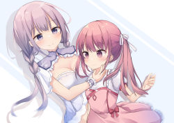 Rule 34 | 2girls, bad id, bad pixiv id, blue background, blush, braid, breasts, cleavage, cleavage cutout, closed mouth, clothing cutout, dress, drop shadow, fingernails, hair ribbon, heart, highres, long hair, low twintails, medium breasts, multiple girls, original, pink background, pink dress, puffy short sleeves, puffy sleeves, purple eyes, purple hair, red eyes, red hair, ribbon, shirt, short sleeves, smile, tsuruse, twintails, two-tone background, very long hair, white background, white ribbon, white shirt, wrist cuffs, yuri