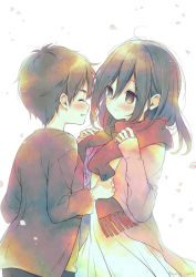 Rule 34 | 1boy, 1girl, black hair, blush, brown eyes, brown hair, child, closed eyes, couple, dress, eren yeager, falling petals, grin, hair between eyes, highres, holding, holding clothes, holding scarf, jacket, long hair, looking at another, march-bunny, mikasa ackerman, petals, pink jacket, red scarf, scarf, shingeki no kyojin, short hair, smile, upper body, white background, white dress