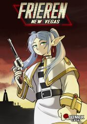 Rule 34 | 1girl, belt, clenched hand, clinickcase, collar, earrings, elf, english text, fallout (series), fallout new vegas, frieren, green eyes, gun, handgun, highres, jewelry, looking to the side, orange sky, pointy ears, revolver, signature, sky, solo, sousou no frieren, twintails, weapon