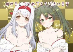 Rule 34 | 10s, 2girls, bare shoulders, blush, breasts, brown eyes, checkered background, cleavage, crossed arms, frown, green eyes, green hair, hachimaki, headband, kantai collection, large breasts, long hair, medium breasts, momoya show-neko, multiple girls, off shoulder, shoukaku (kancolle), silver hair, smile, translation request, twintails, upper body, zuikaku (kancolle)