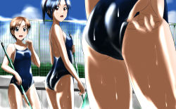 Rule 34 | 3girls, adjusting clothes, adjusting swimsuit, ass, black hair, blue eyes, blue one-piece swimsuit, broom, brown hair, close-up, cloud, cloudy sky, commentary request, competition school swimsuit, cowboy shot, day, empty pool, fence, highres, holding, long hair, looking at another, multiple girls, one-piece swimsuit, open mouth, original, outdoors, pool, red eyes, school swimsuit, short hair, sky, standing, sweat, swimsuit, takaya n