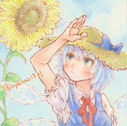 Rule 34 | 1girl, arm up, blue bow, blue dress, blue eyes, blue hair, blue ribbon, bow, brown hat, cirno, collared shirt, detached wings, dress, flower, frilled sleeves, frills, hat, hat bow, hat ribbon, ice, ice wings, leaf, looking up, medium hair, neck ribbon, outdoors, painting (medium), pinafore dress, puffy short sleeves, puffy sleeves, red ribbon, ribbon, shin1ar24, shirt, short sleeves, sleeveless, sleeveless dress, solo, straw hat, sunflower, touhou, traditional media, upper body, watercolor (medium), watercolor pencil (medium), white shirt, wings, yellow flower