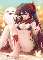 Rule 34 | 1girl, bare shoulders, barefoot, beach, bead bracelet, beads, bikini, black bikini, blush, boo tao (genshin impact), bracelet, breasts, brown hair, bug, butterfly, cleavage, collarbone, flower, genshin impact, ghost, gradient sky, hair flower, hair ornament, highres, hu tao (genshin impact), insect, jewelry, long hair, looking at viewer, medium breasts, miko (royal milk), open mouth, orange sky, red eyes, ring, shore, sitting, sky, smile, swimsuit, symbol-shaped pupils, thighs, twilight, twintails, very long hair