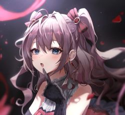 Rule 34 | 1girl, ahoge, black gloves, blue eyes, blurry, blurry background, blurry foreground, blush, brown hair, dress, earrings, gloves, highres, hisiya (wldn1112), ichinose shiki, idolmaster, idolmaster cinderella girls, index finger raised, jewelry, long hair, looking at viewer, open mouth, petals, ribbon, sidelocks, sleeveless, sleeveless dress, smile, solo, two side up, upper body